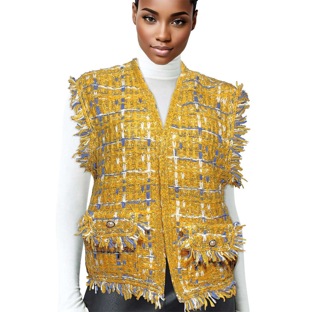 Women’s Plaid Tweed Vest with Gold Threaded Luxe Detail Mustard Stylish Chic