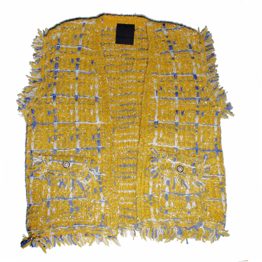 Women’s Plaid Tweed Vest with Gold Threaded Luxe Detail Mustard Stylish Chic