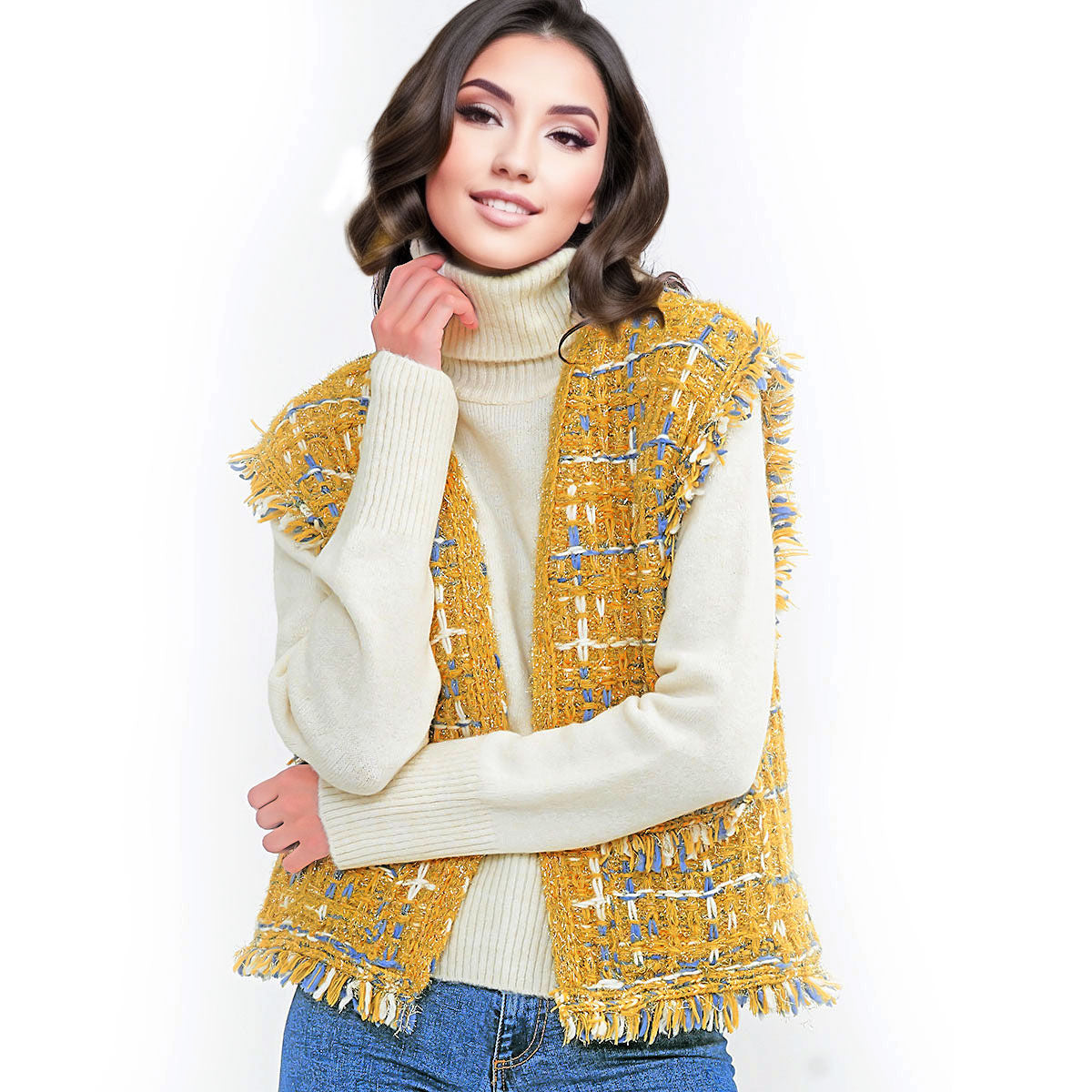 Women’s Plaid Tweed Vest with Gold Threaded Luxe Detail Mustard Stylish Chic
