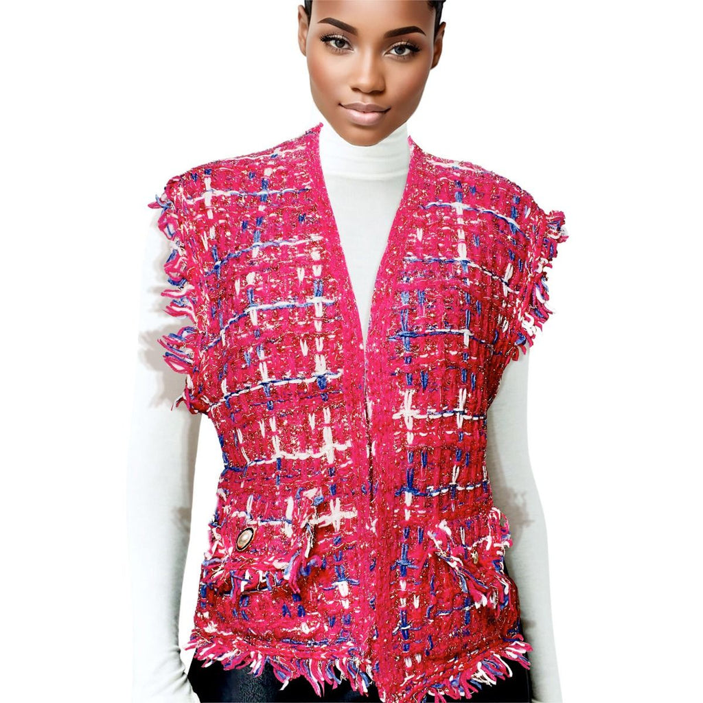 Women’s Plaid Tweed Vest Silver Threaded Pink Stylish Chic Layered Vest
