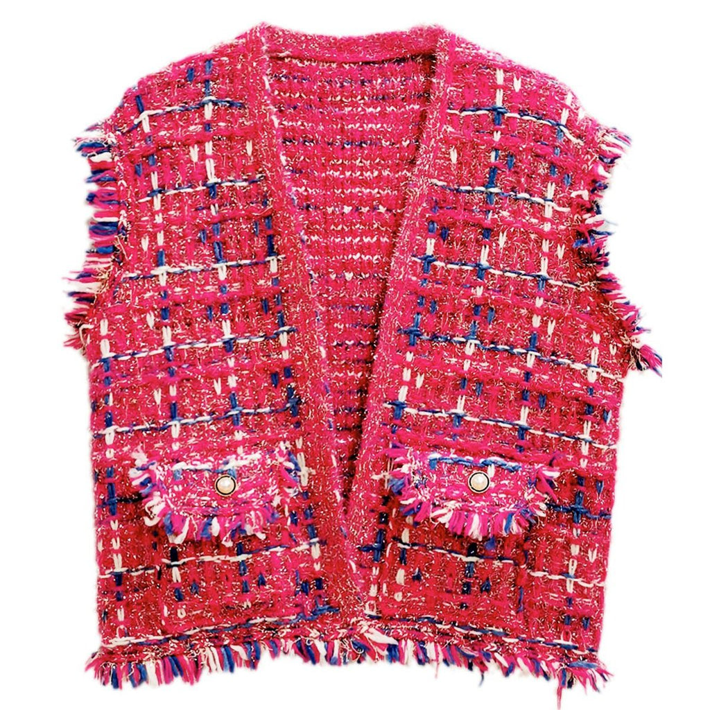 Women’s Plaid Tweed Vest Silver Threaded Pink Stylish Chic Layered Vest