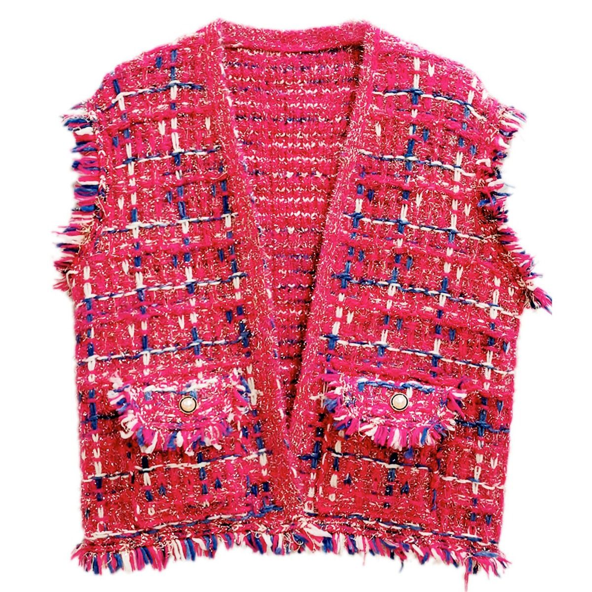 Women’s Plaid Tweed Vest Silver Threaded Pink Stylish Chic Layered Vest