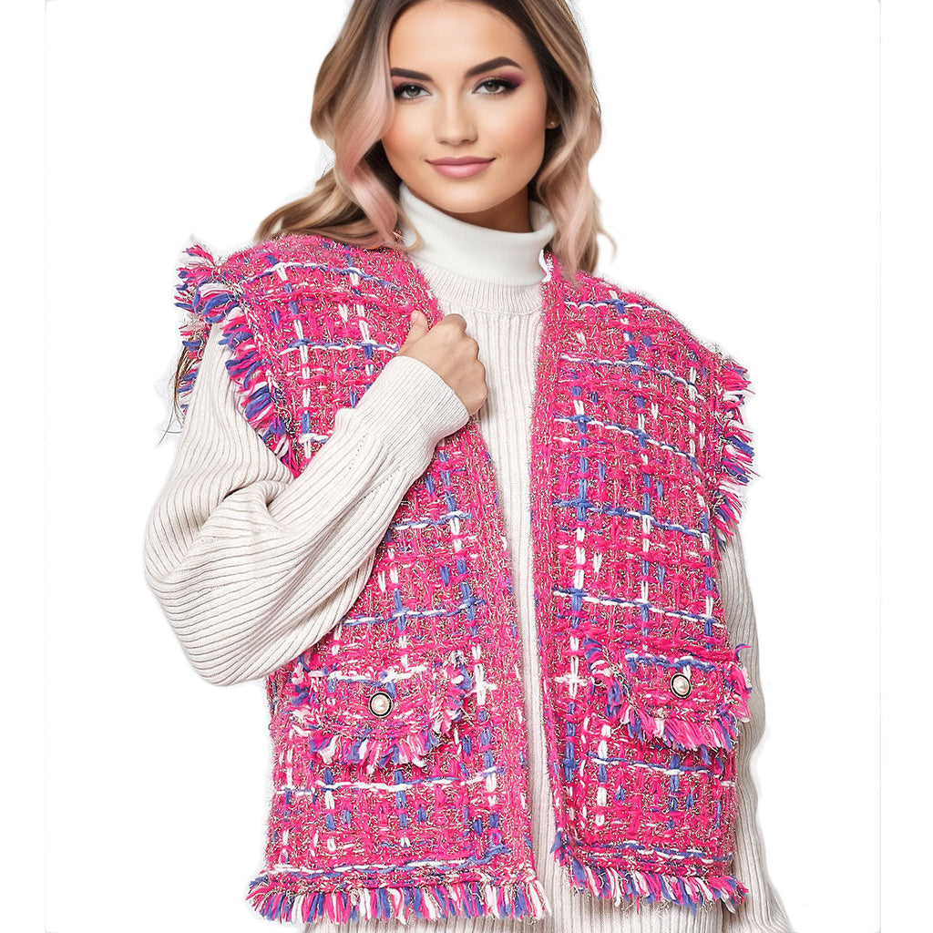 Women’s Plaid Tweed Vest Silver Threaded Pink Stylish Chic Layered Vest