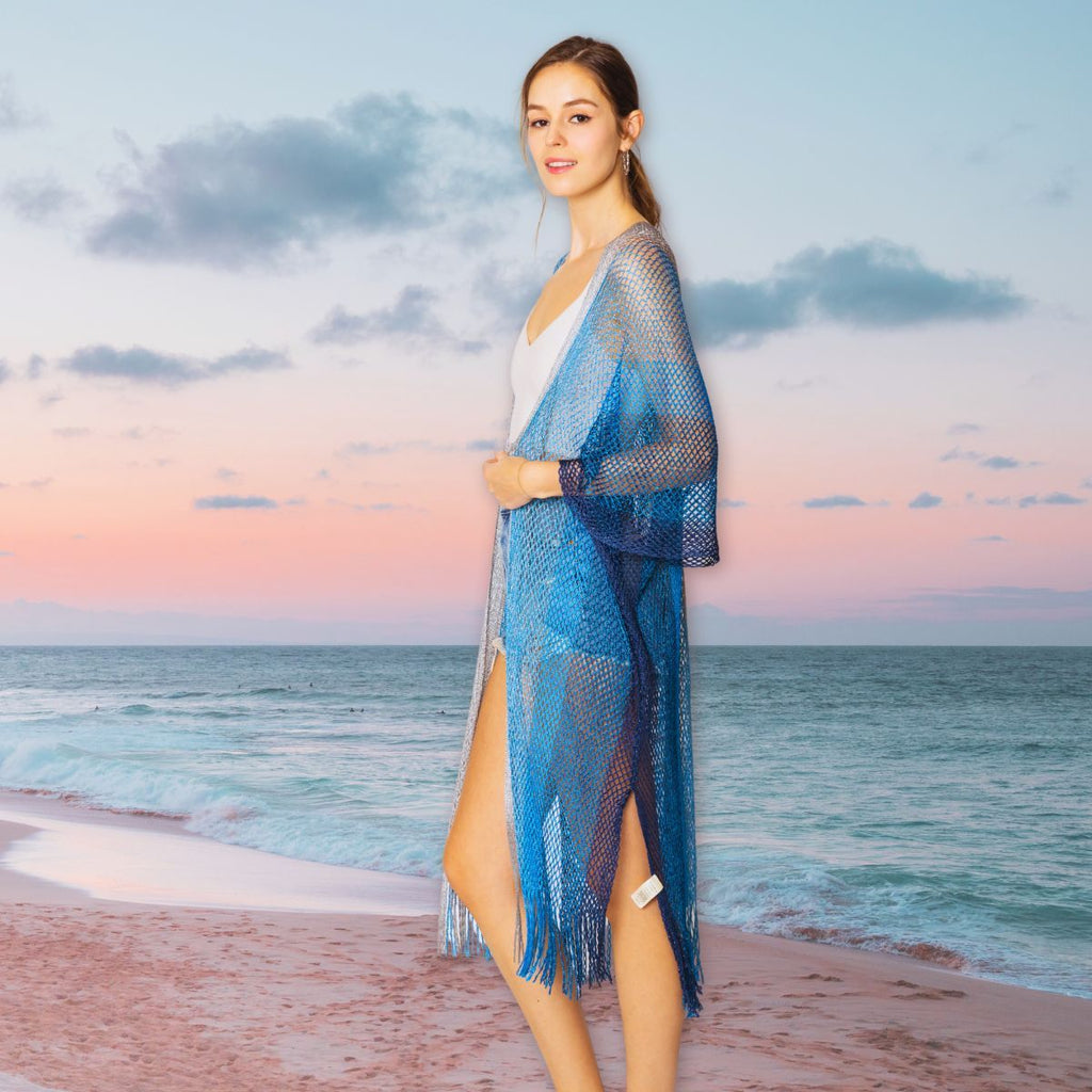 Women’s Kimono Lurex Stripe Blue with Fringe – Stylish Casual Layered Outerwear