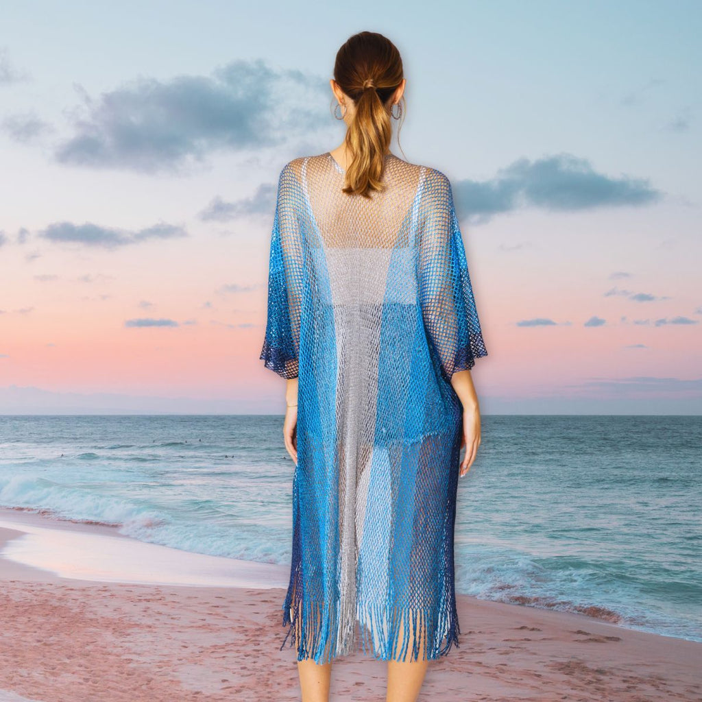 Women’s Kimono Lurex Stripe Blue with Fringe – Stylish Casual Layered Outerwear