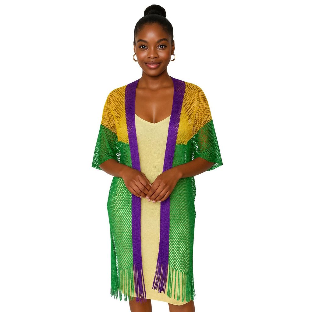 Women’s Kimono Lurex Stripe with Purple, Gold, Green and Fringe – Stylish Statement Layered Accessory