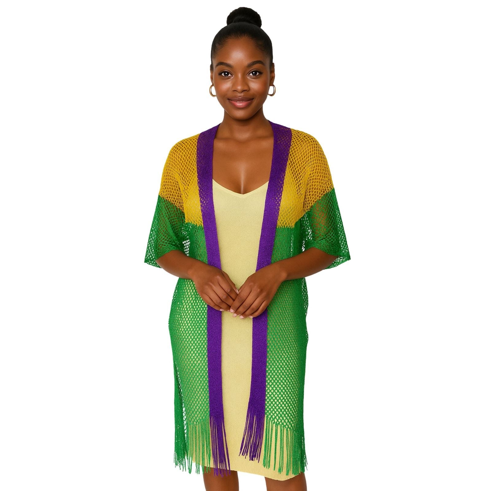 Women’s Kimono Lurex Stripe with Purple, Gold, Green and Fringe – Stylish Statement Layered Accessory