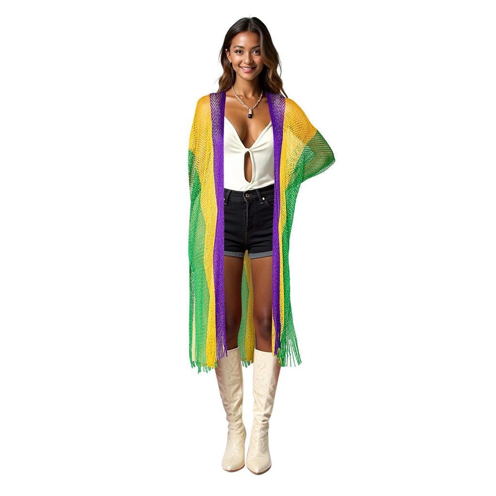 Women’s Kimono Lurex Stripe with Purple, Gold, Green and Fringe – Stylish Statement Layered Accessory