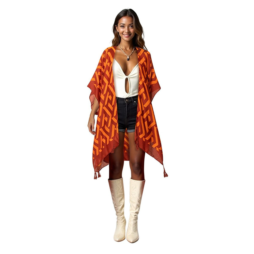 Women’s Kimono Geo Print Orange Rust Stylish Casual Layered Top
