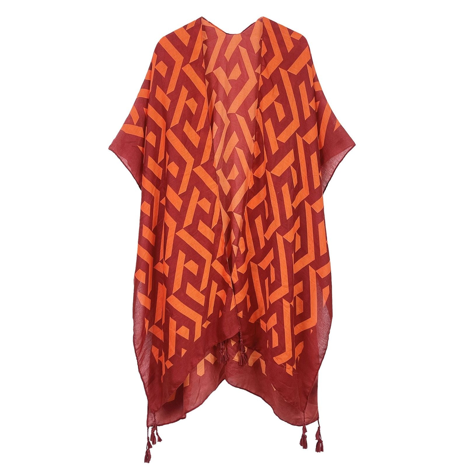 Women’s Kimono Geo Print Orange Rust Stylish Casual Layered Top