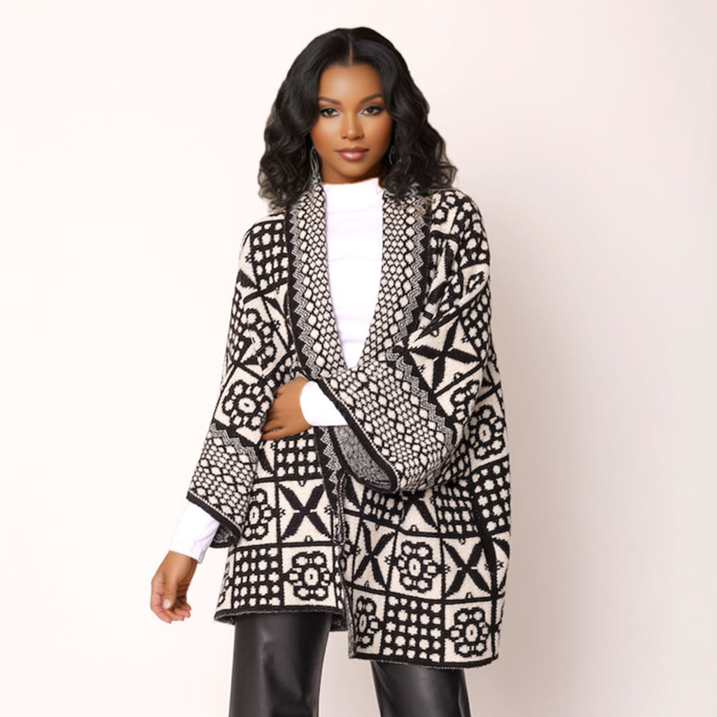 Women’s Cardigan Tile Print Knit Black and White Stylish Casual Layered
