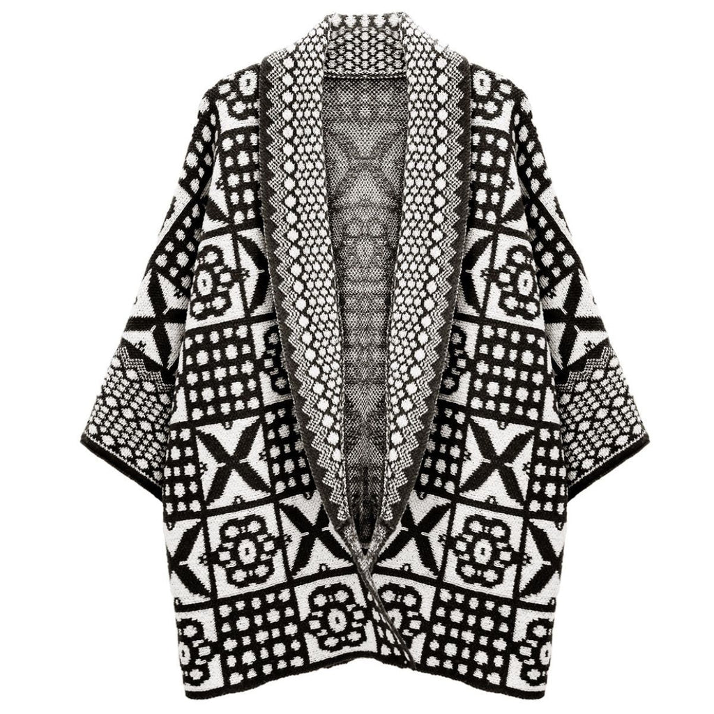 Women’s Cardigan Tile Print Knit Black and White Stylish Casual Layered