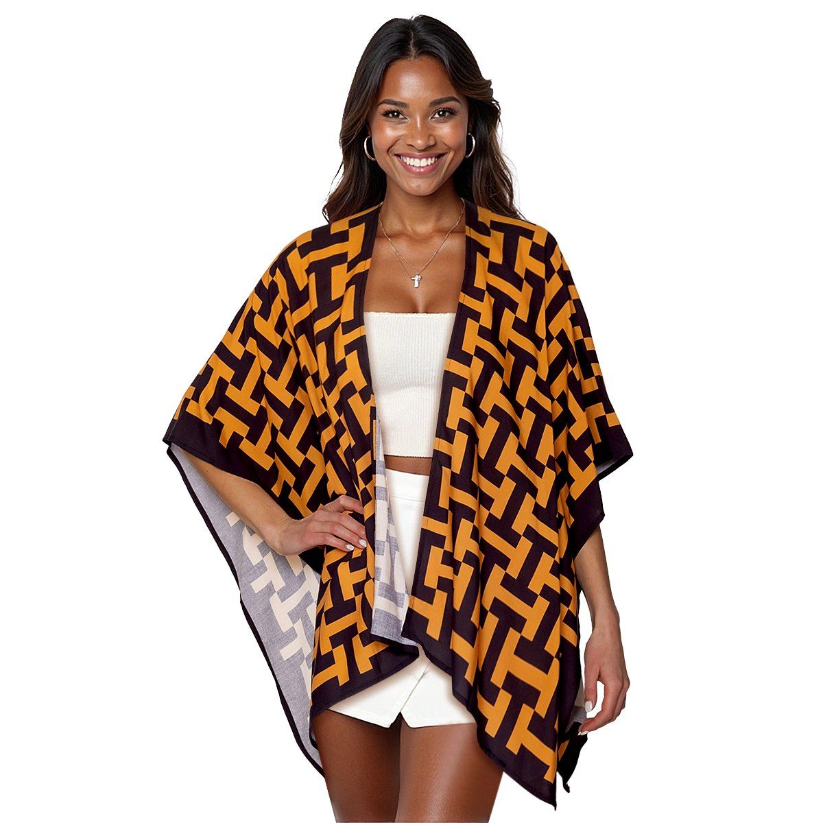 Women’s Kimono Black and Camel Geometric Print Stylish Casual Top