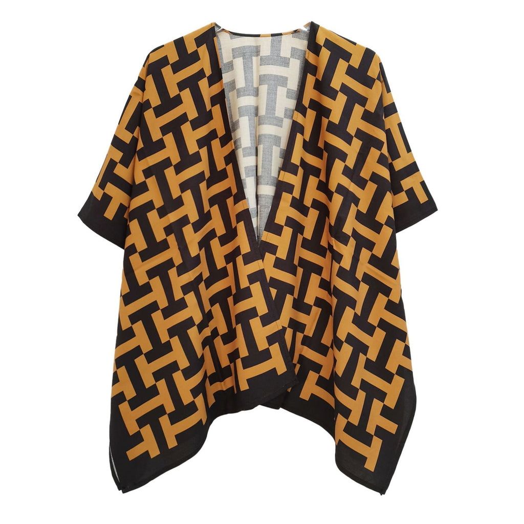 Women’s Kimono Black and Camel Geometric Print Stylish Casual Top