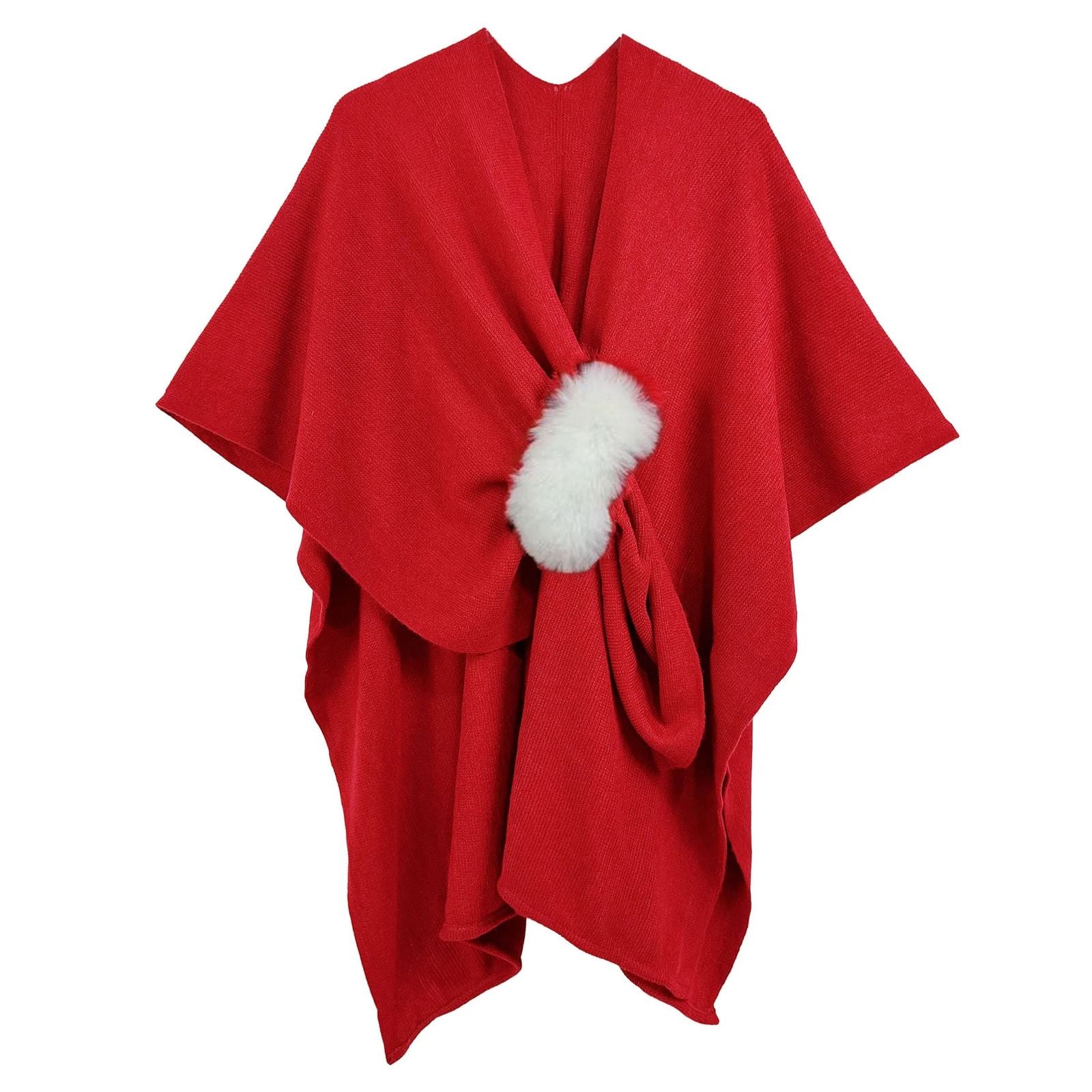 Women’s Knit Ruana Scarf Wrap with Ivory Fur Trim in Sorority Red – Stylish Layered Accessory