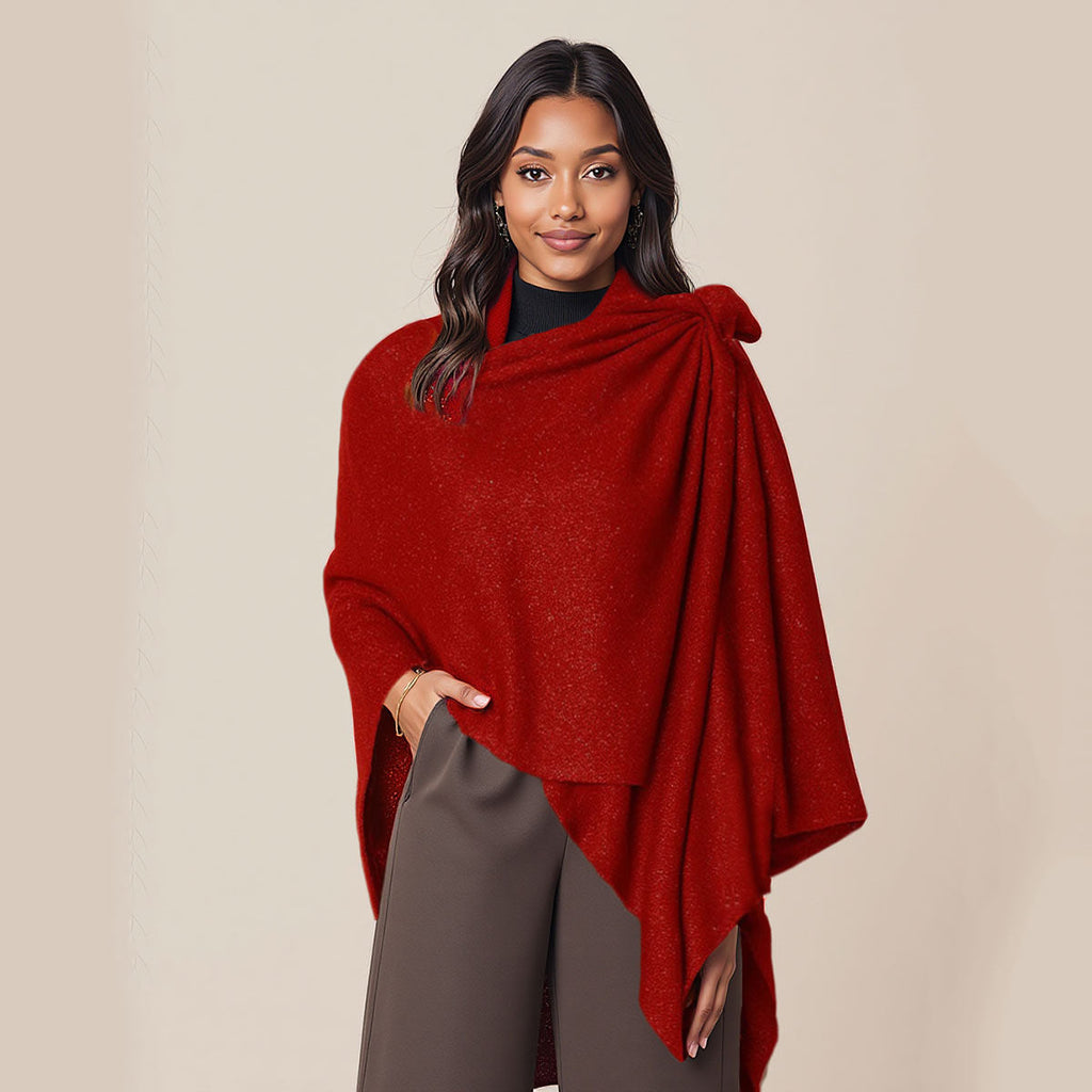 Women’s Red Lurex Ruana One Shoulder Scarf Wrap – Stylish Statement Accessory