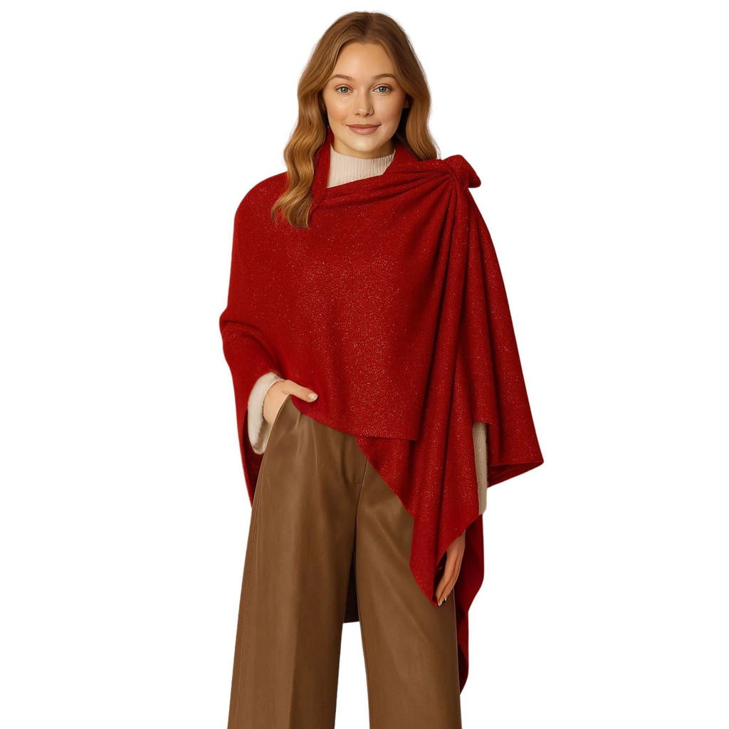 Women’s Red Lurex Ruana One Shoulder Scarf Wrap – Stylish Statement Accessory