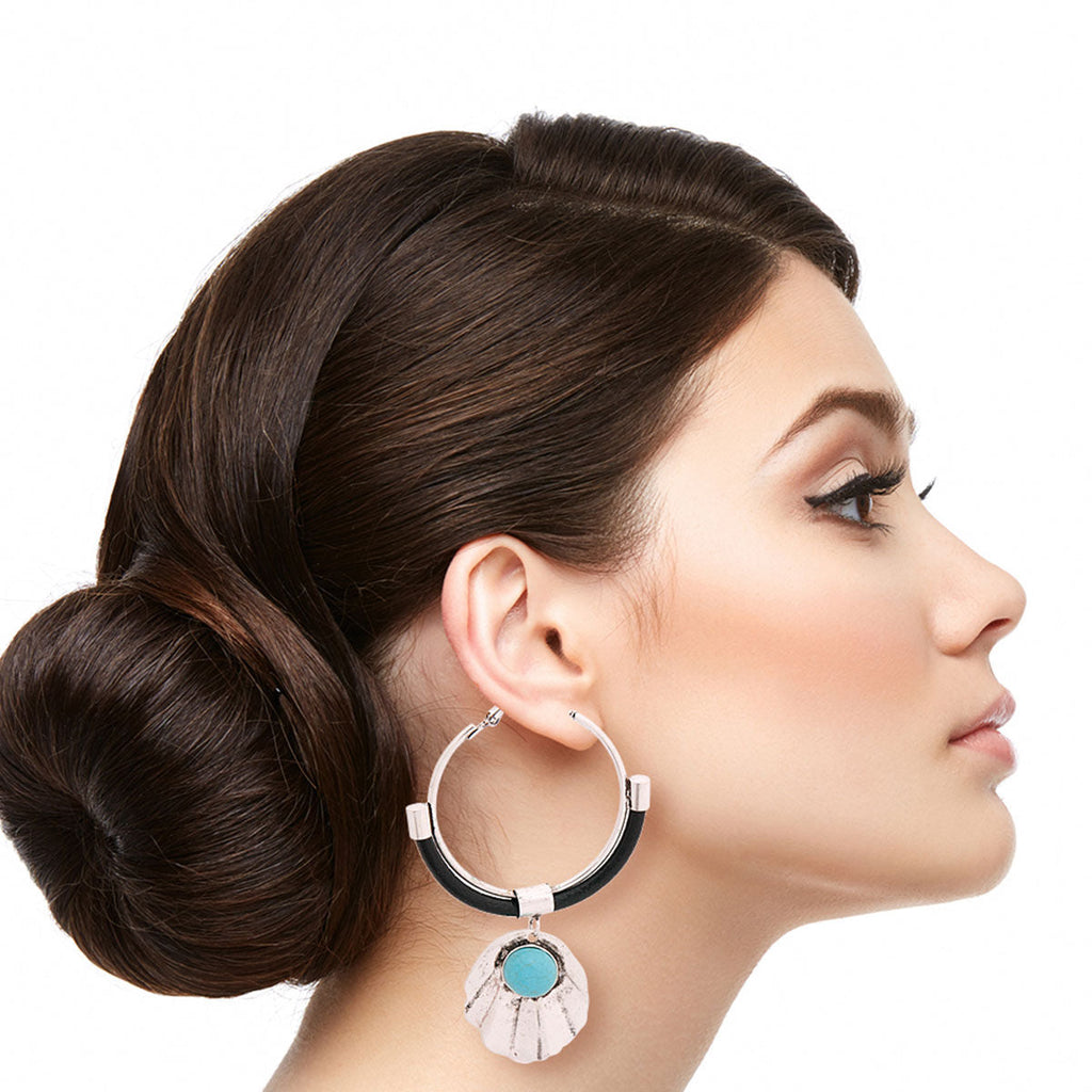 Turquoise Shell Hoop Earrings Burnished Silver Stylish Statement Jewelry