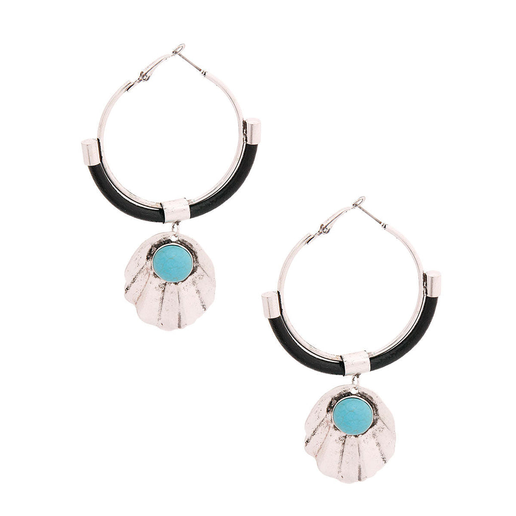 Turquoise Shell Hoop Earrings Burnished Silver Stylish Statement Jewelry