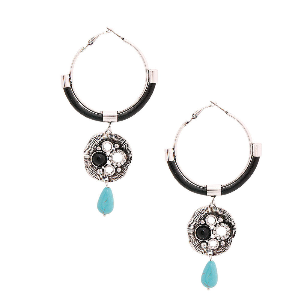 Drop Hoop Earrings Burnished Silver Turquoise Stylish Statement Jewelry