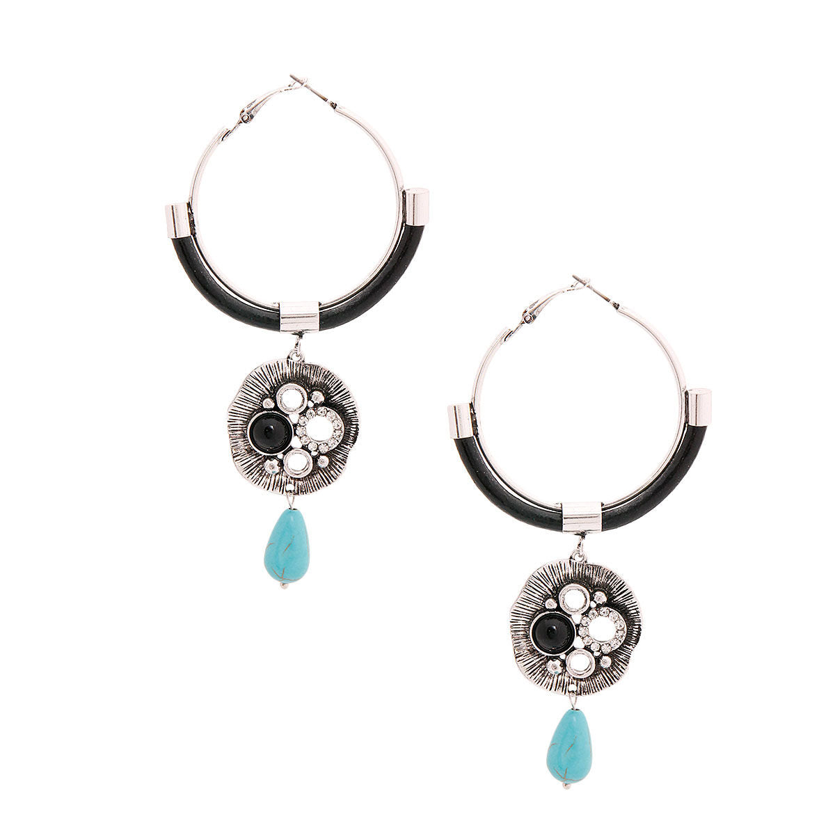 Drop Hoop Earrings Burnished Silver Turquoise Stylish Statement Jewelry