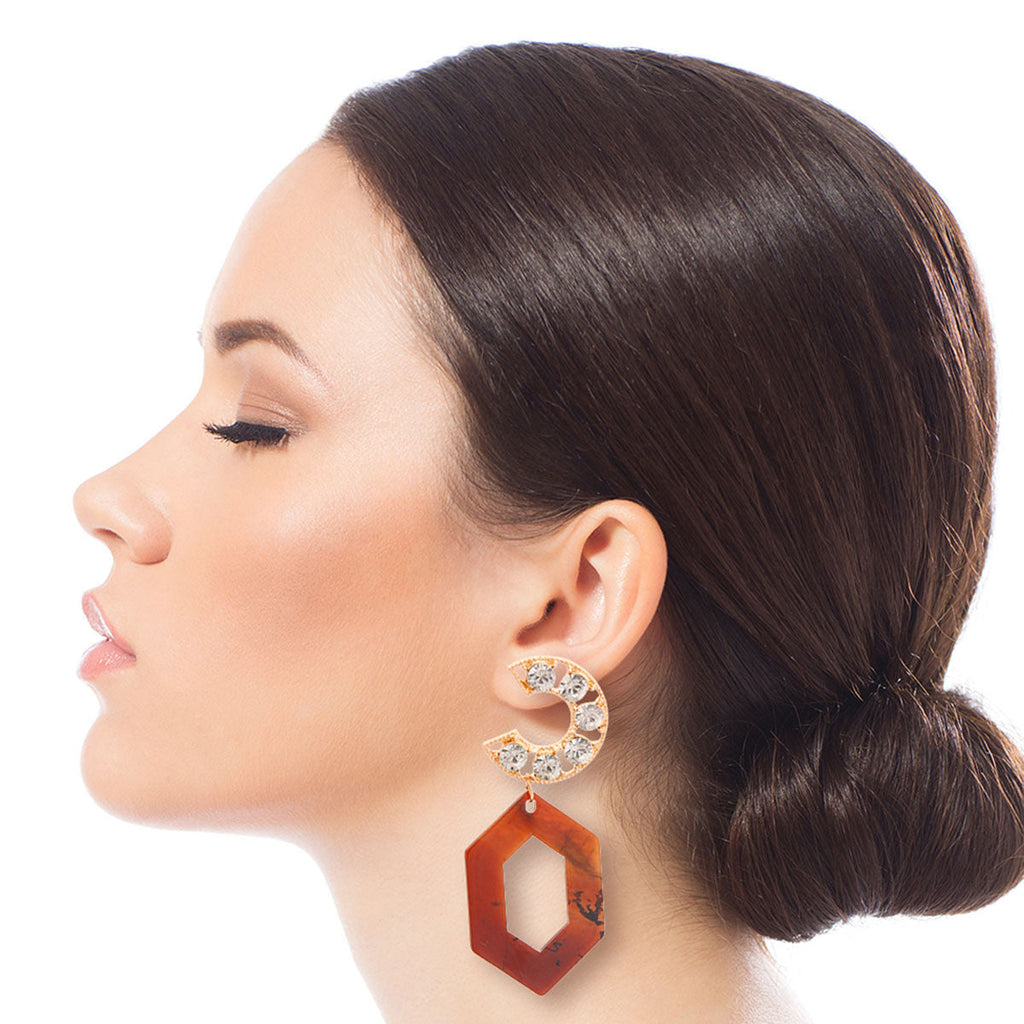 Hexagon Crystal Earrings Brown Stylish Statement Jewelry