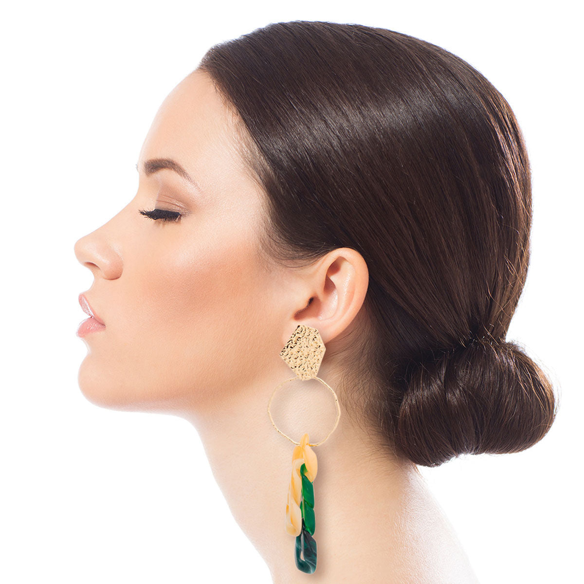 Drop Earrings with Green Link and Gold Detail, Stylish Statement Jewelry