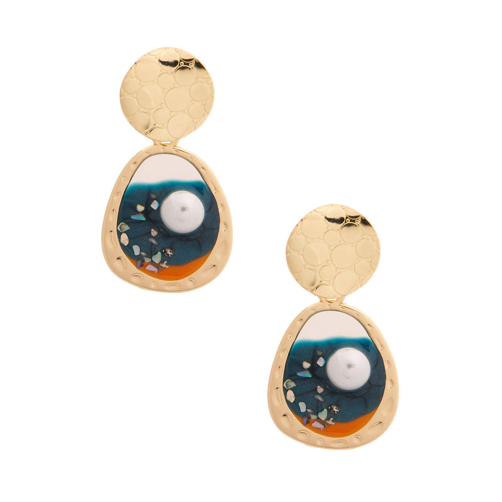 Oval Resin Earrings Gold and Blue Stylish Statement Jewelry