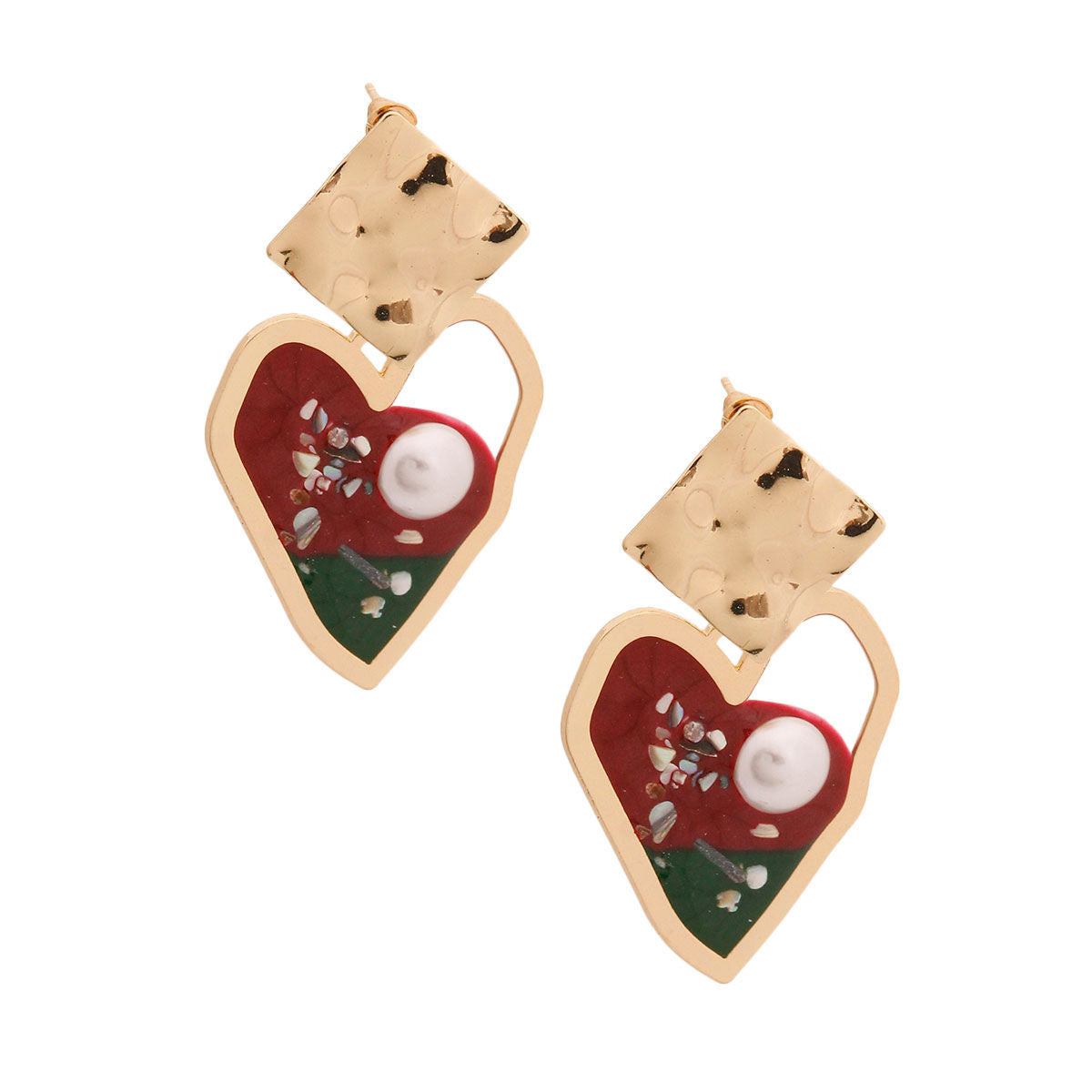 Resin Heart Earrings in Gold and Red – Trendy Statement Jewelry