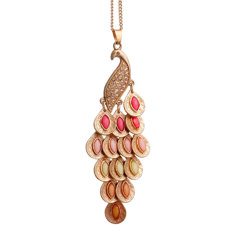 Statement Necklace Gold Pink Peacock Stylish Fashion Jewelry Accessory
