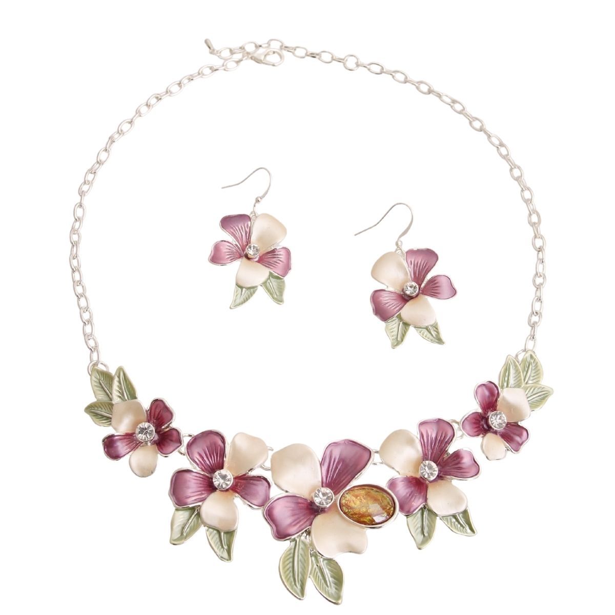 Metal Flower Necklace Set Purple Stylish Statement Jewelry