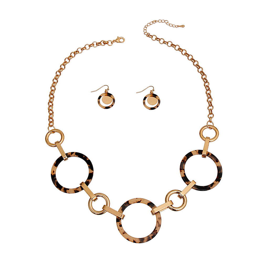 Statement Necklace Set with Gold Round Links and Tortoiseshell Accents, Trendy Chic Jewelry
