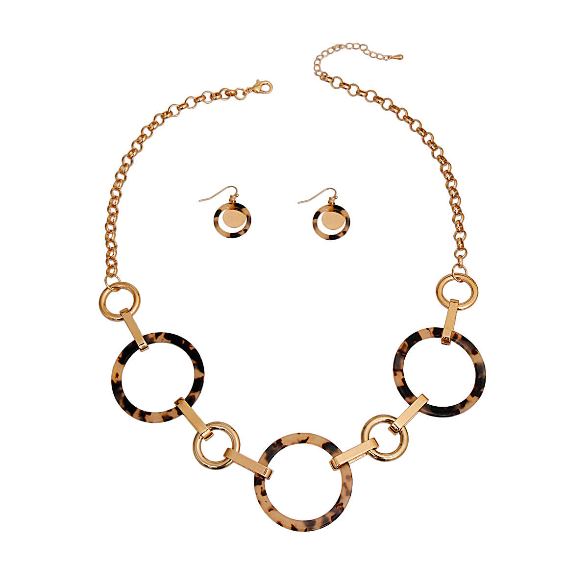 Statement Necklace Set with Gold Round Links and Tortoiseshell Accents, Trendy Chic Jewelry