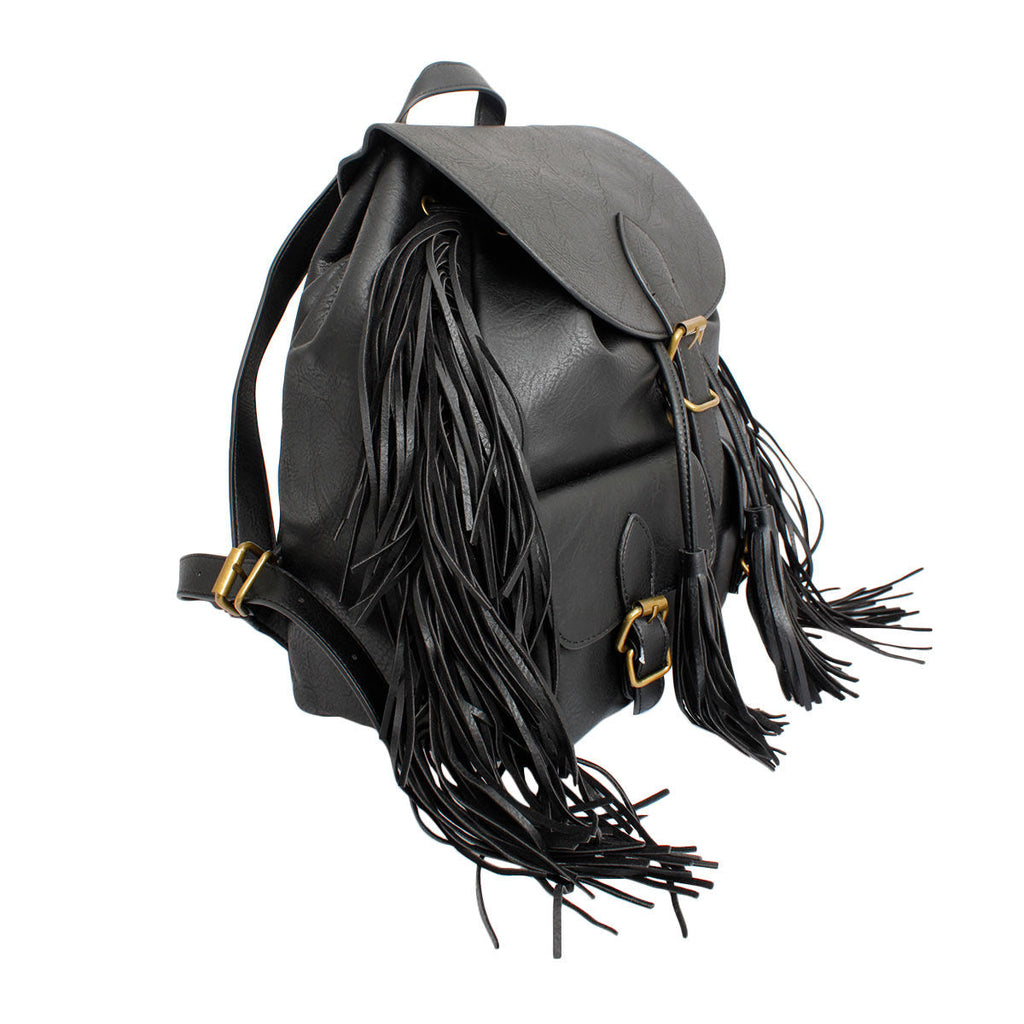 Fashion Handbag Black Leather Fringe Backpack for Women Stylish Chic