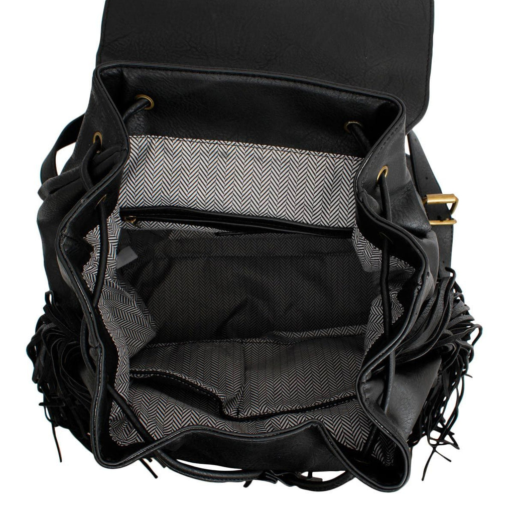 Fashion Handbag Black Leather Fringe Backpack for Women Stylish Chic