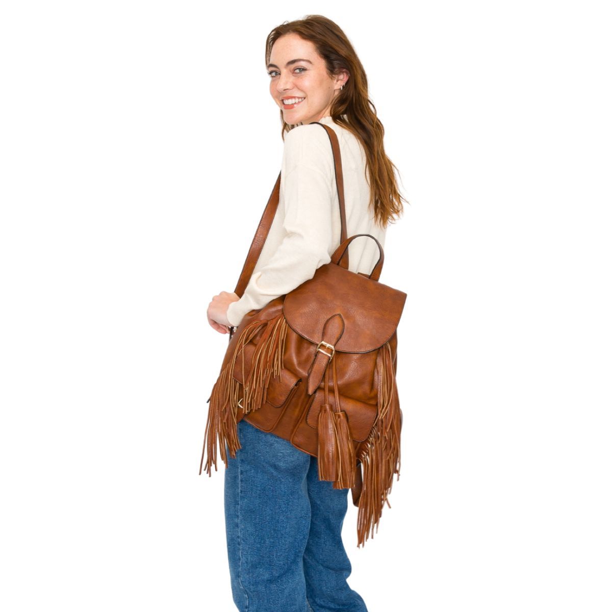 Women’s Leather Fringe Backpack Brown Stylish Casual Bag