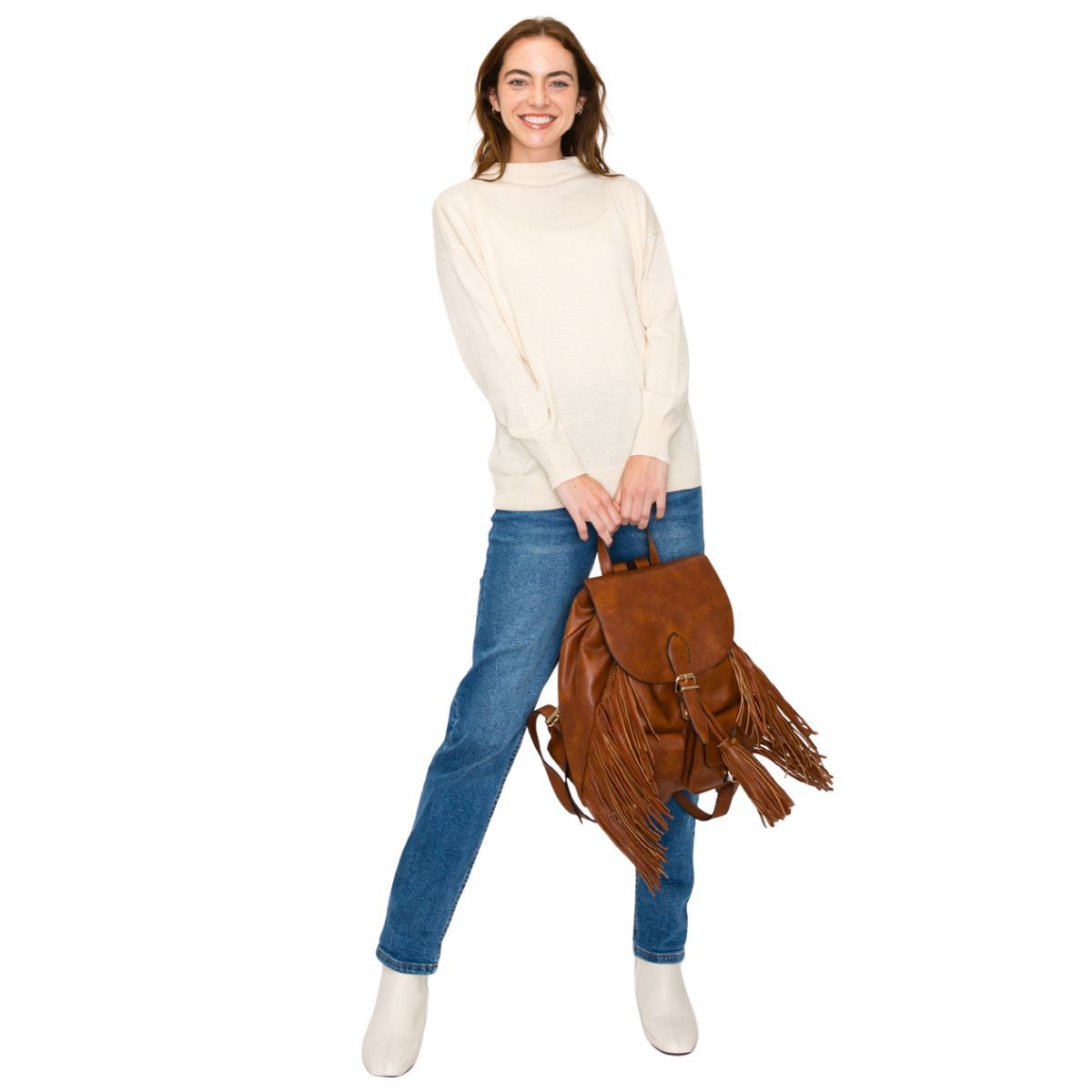 Women’s Leather Fringe Backpack Brown Stylish Casual Bag