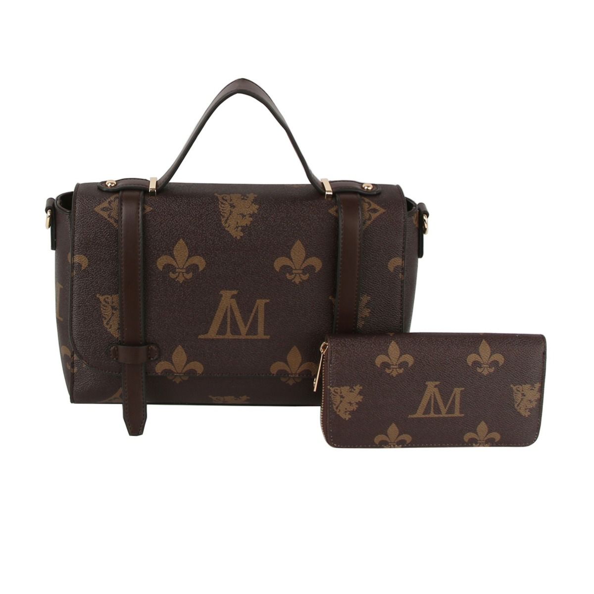 Satchel Handbag Set Brown Luxe Monogram Stylish Messenger Bag