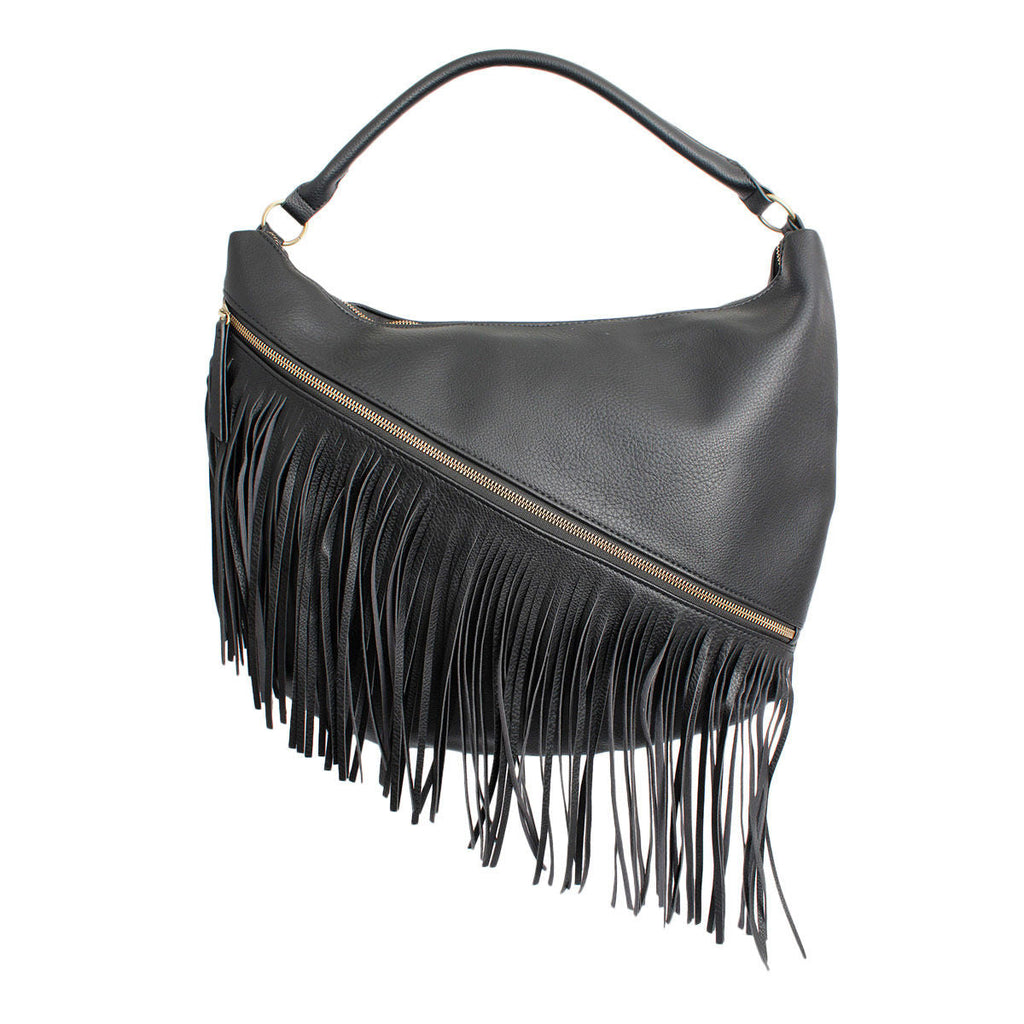 Women’s Hobo Bag Black Diagonal Fringe Stylish Casual Purse