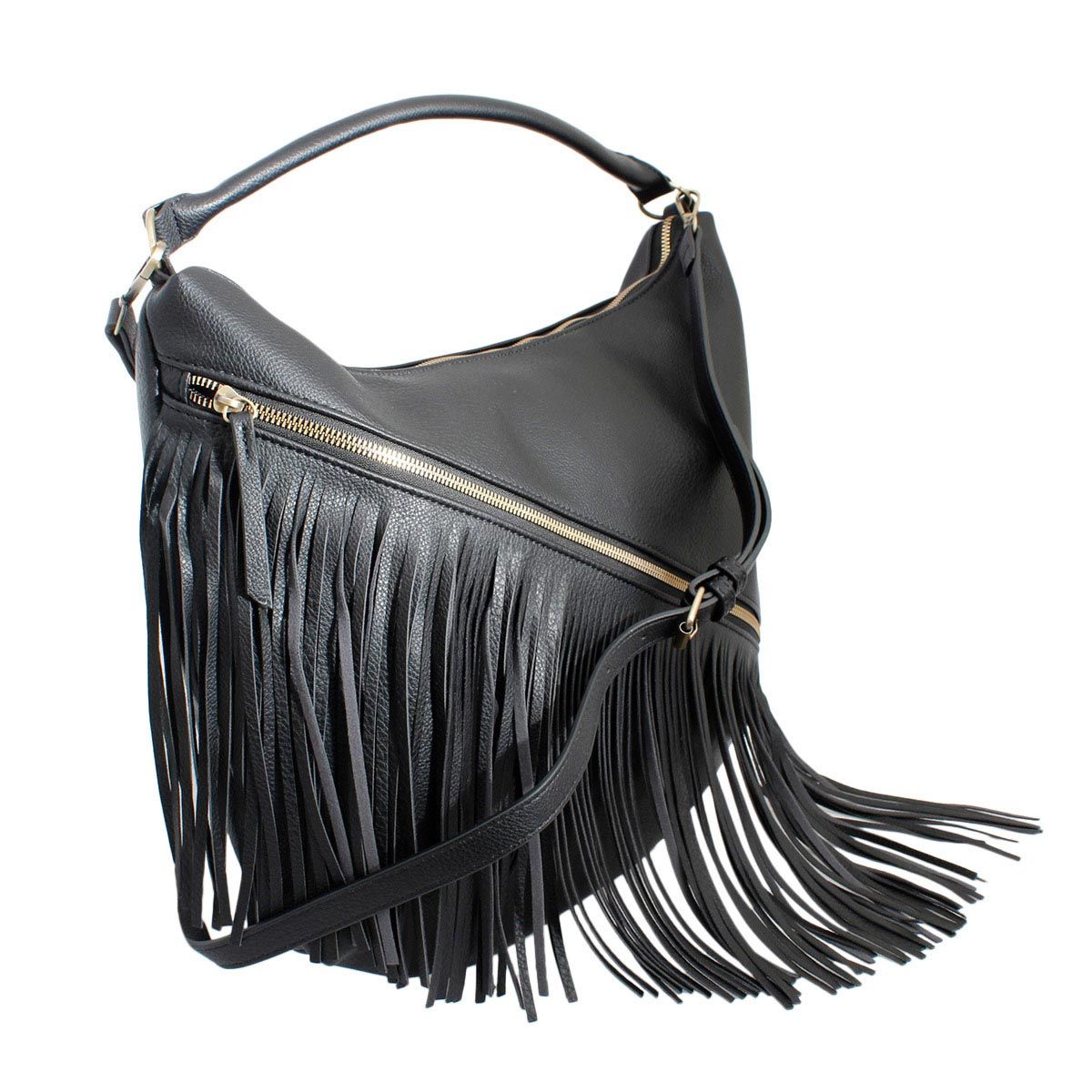 Women’s Hobo Bag Black Diagonal Fringe Stylish Casual Purse