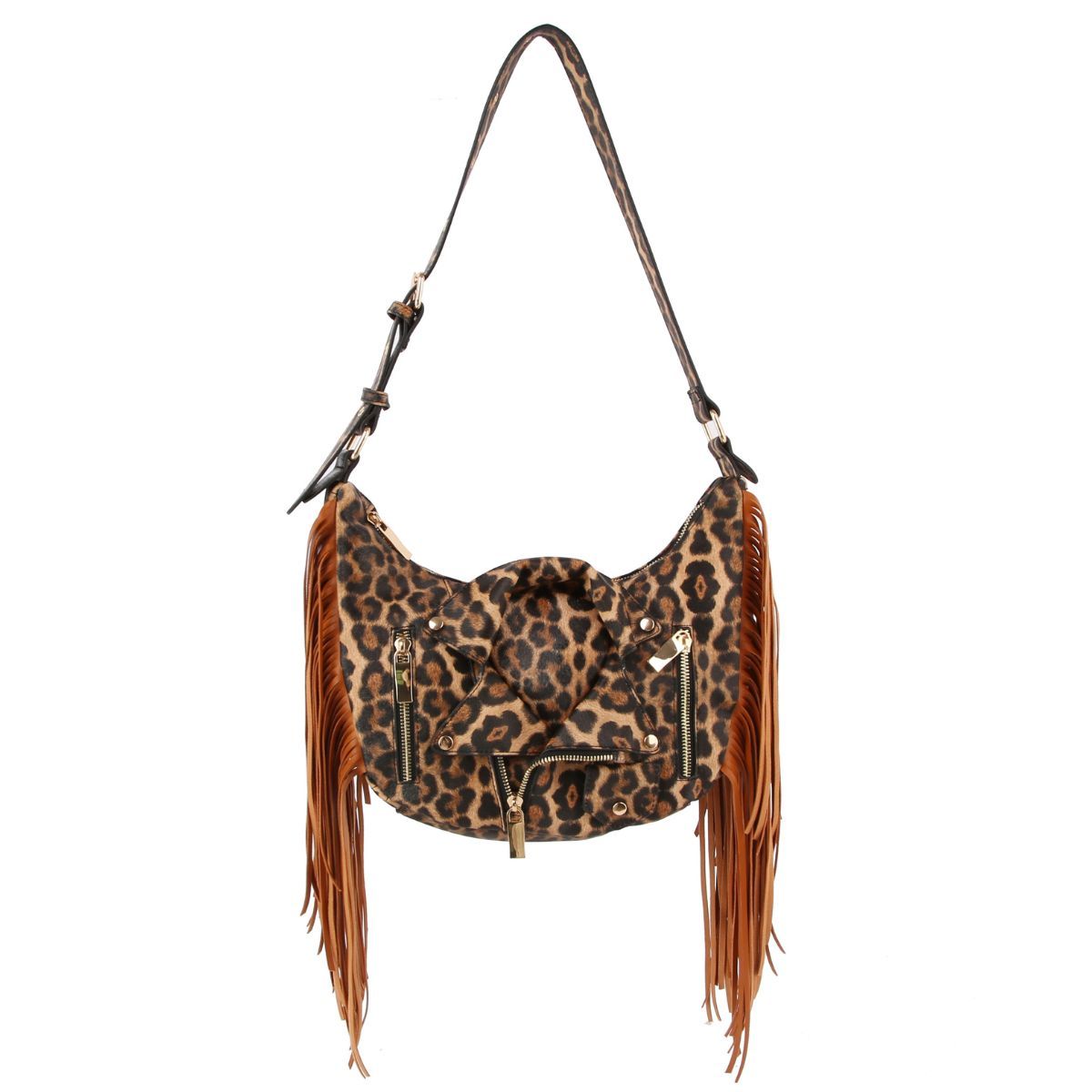 Fashion Handbag Leopard Moto Fringe Shoulder Bag Stylish Chic Statement