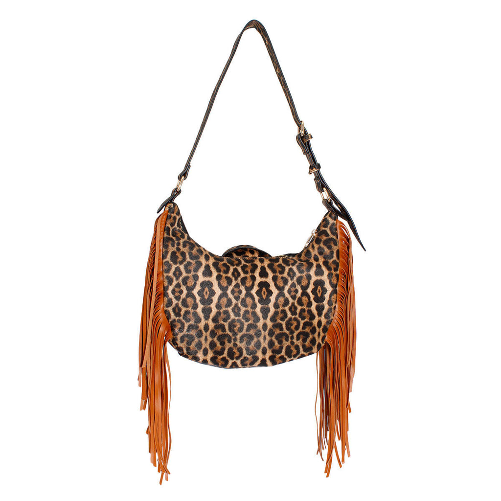 Fashion Handbag Leopard Moto Fringe Shoulder Bag Stylish Chic Statement
