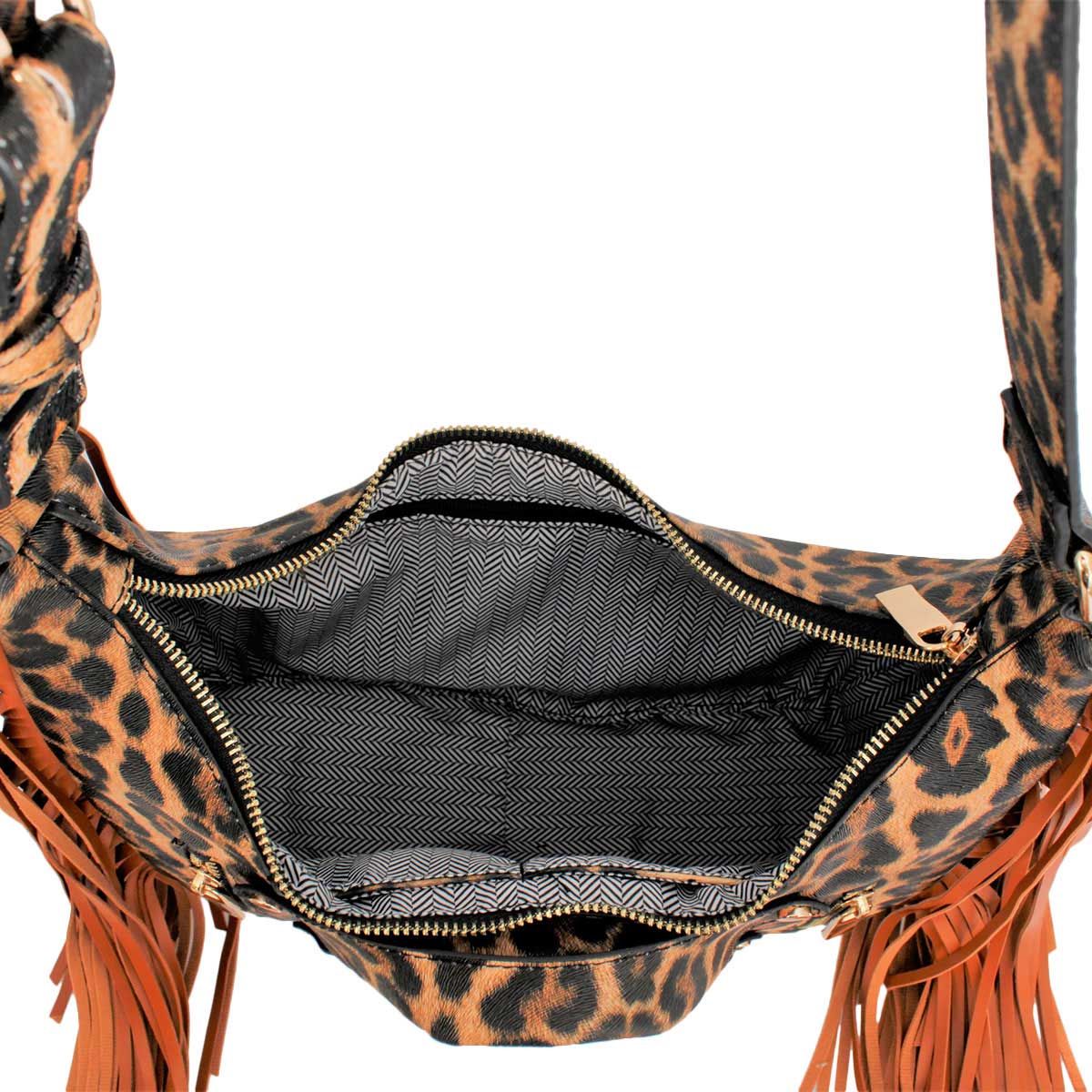 Fashion Handbag Leopard Moto Fringe Shoulder Bag Stylish Chic Statement