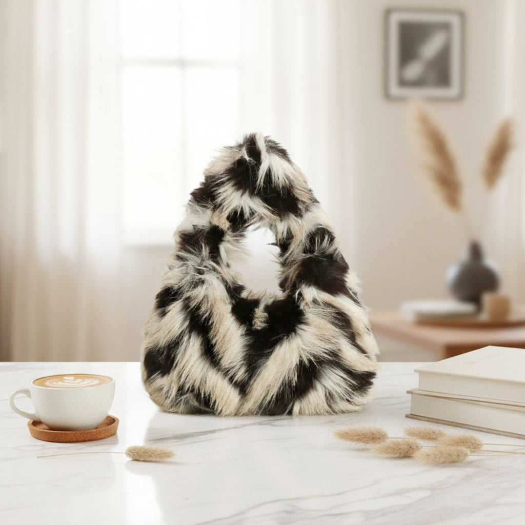 Fashion Handbag Cream and Black Fur Shoulder Bag Chic Street Style Purse