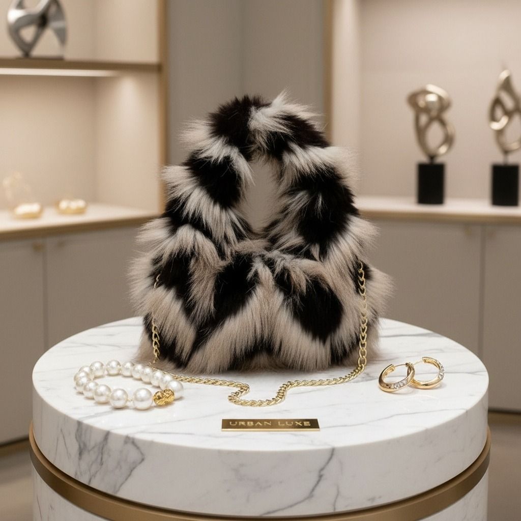 Fashion Handbag Cream and Black Fur Shoulder Bag Chic Street Style Purse