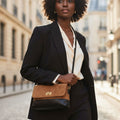 Fashion Handbag Top Handle Brown Suede with Black Flap Stylish Purse