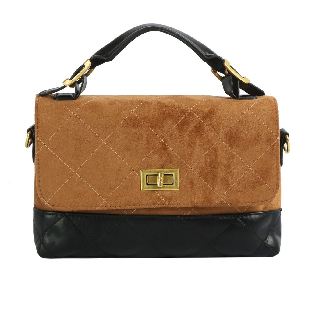 Fashion Handbag Top Handle Brown Suede with Black Flap Stylish Purse