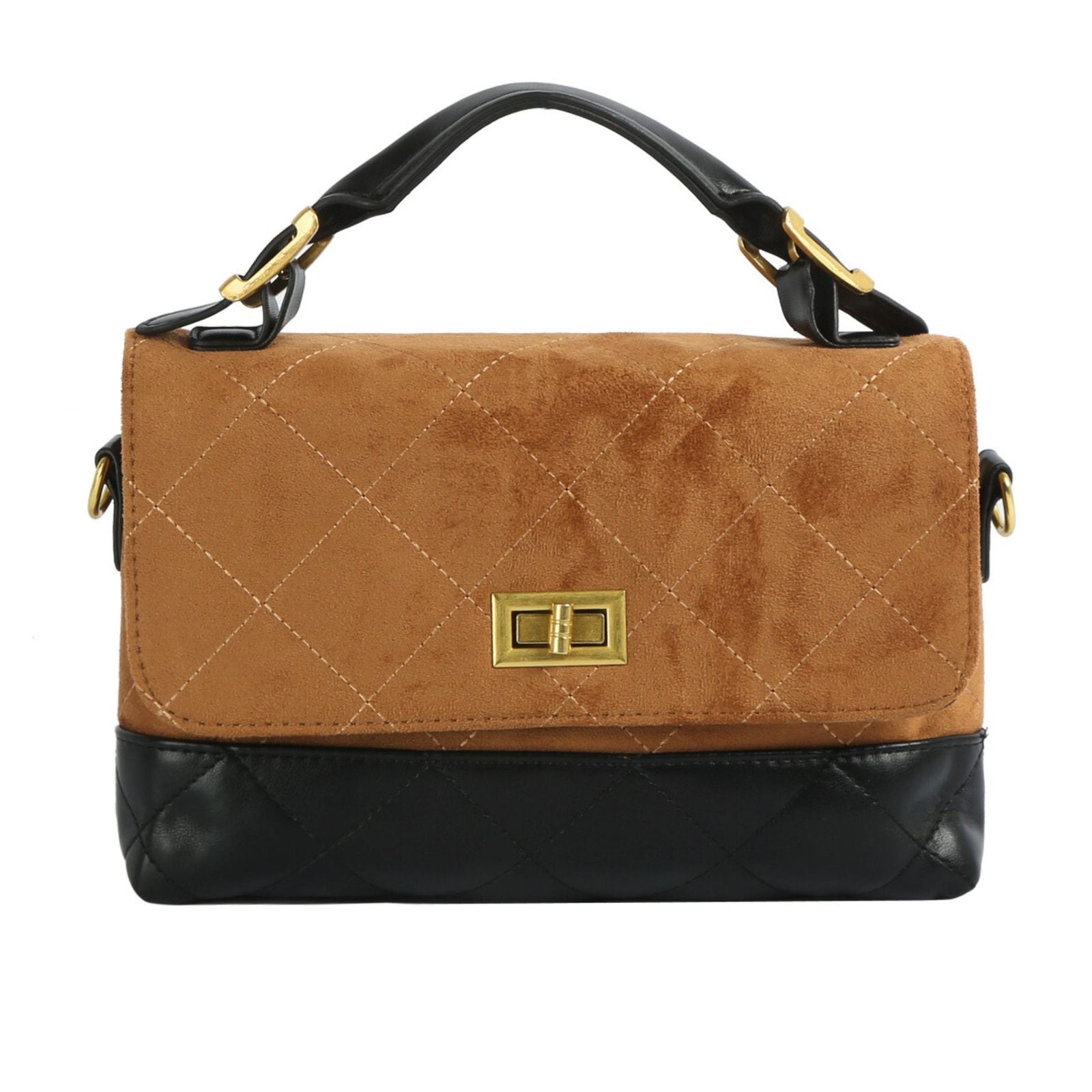 Fashion Handbag Top Handle Brown Suede with Black Flap Stylish Purse