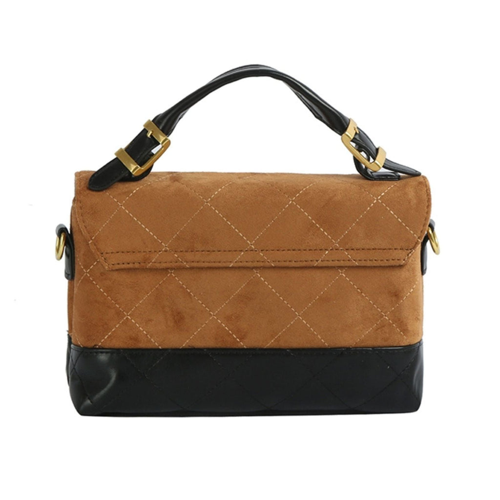 Fashion Handbag Top Handle Brown Suede with Black Flap Stylish Purse