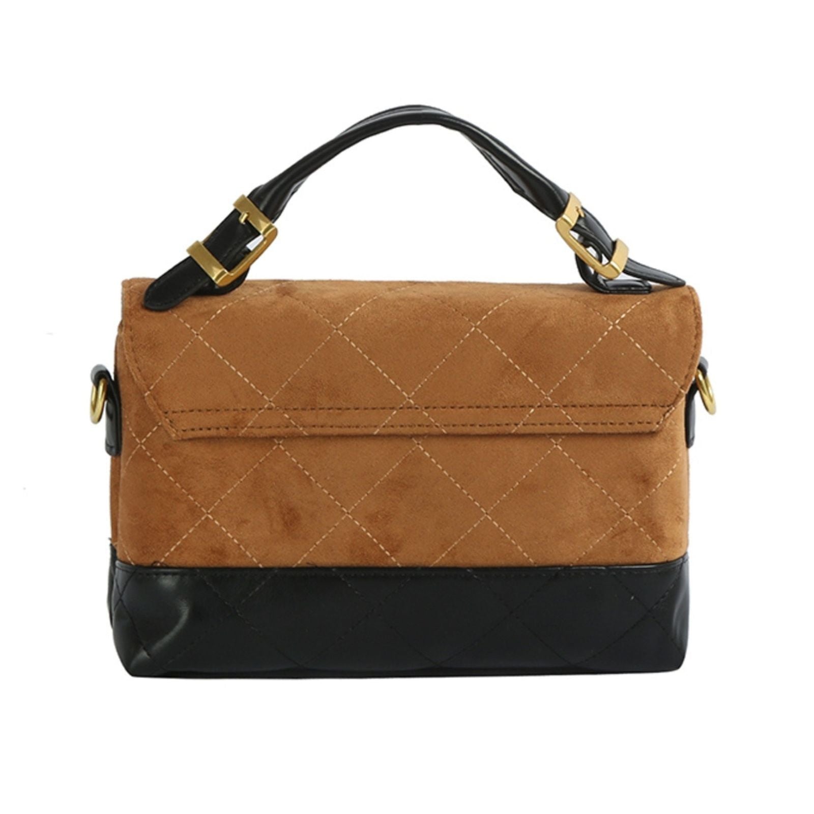 Fashion Handbag Top Handle Brown Suede with Black Flap Stylish Purse